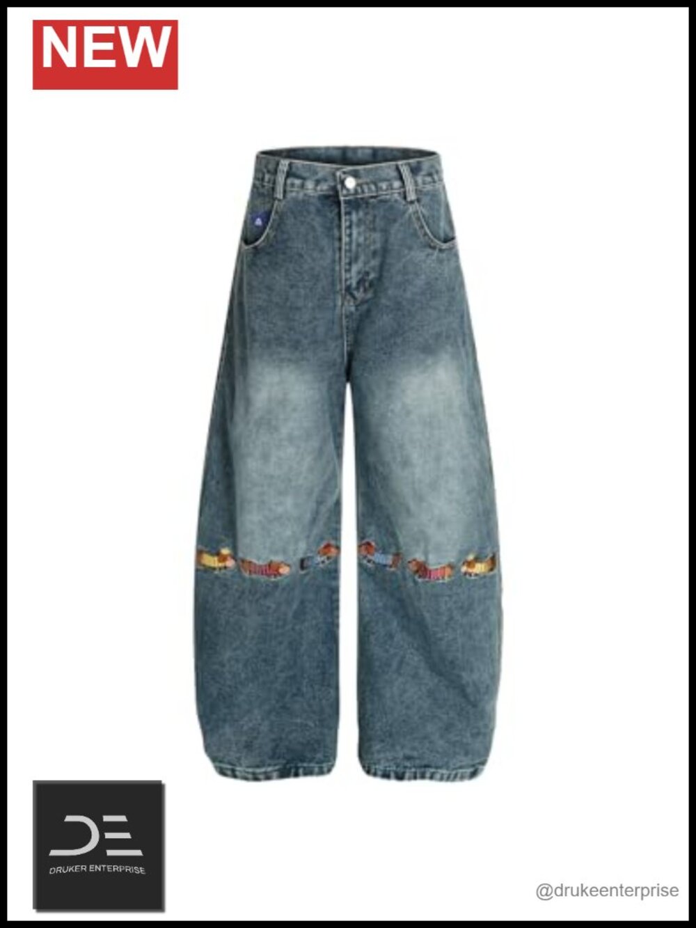 Dachshund Embroidery Baggy Barrel Jeans Wide Leg Y2K Denim Pants Streetwear